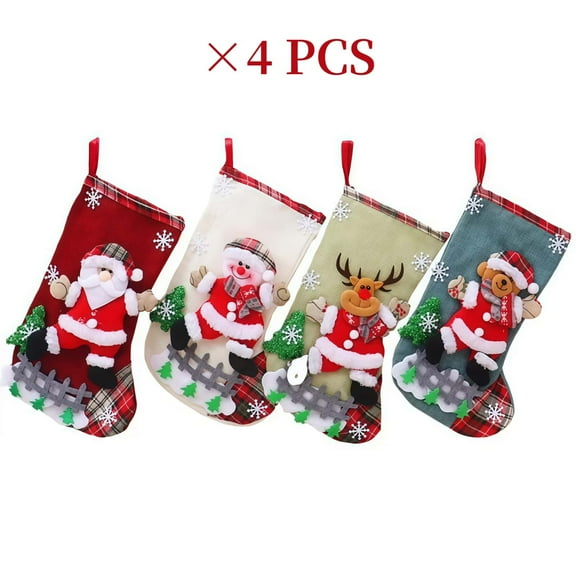 4 pack Christmas Stockings, 12-Inch Embroidered Linen Gift Set with Decorative Characters for Family Holiday Fireplace Decor