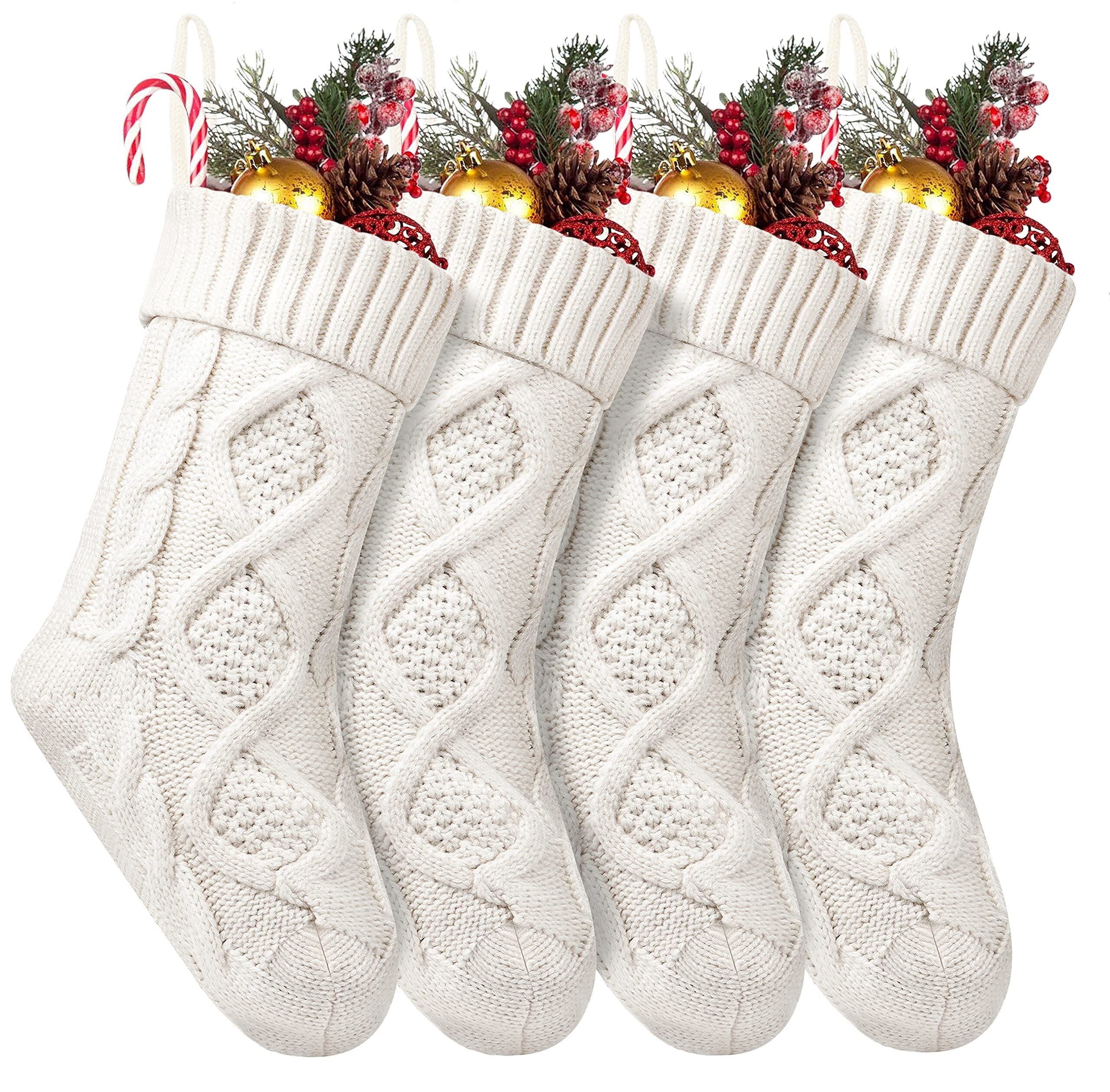 4 Pack Christmas Stockings 18 Inches Large Size Cable Knitted Stocking Gifts & Decorations for Family Holiday Xmas Party, Ivory White