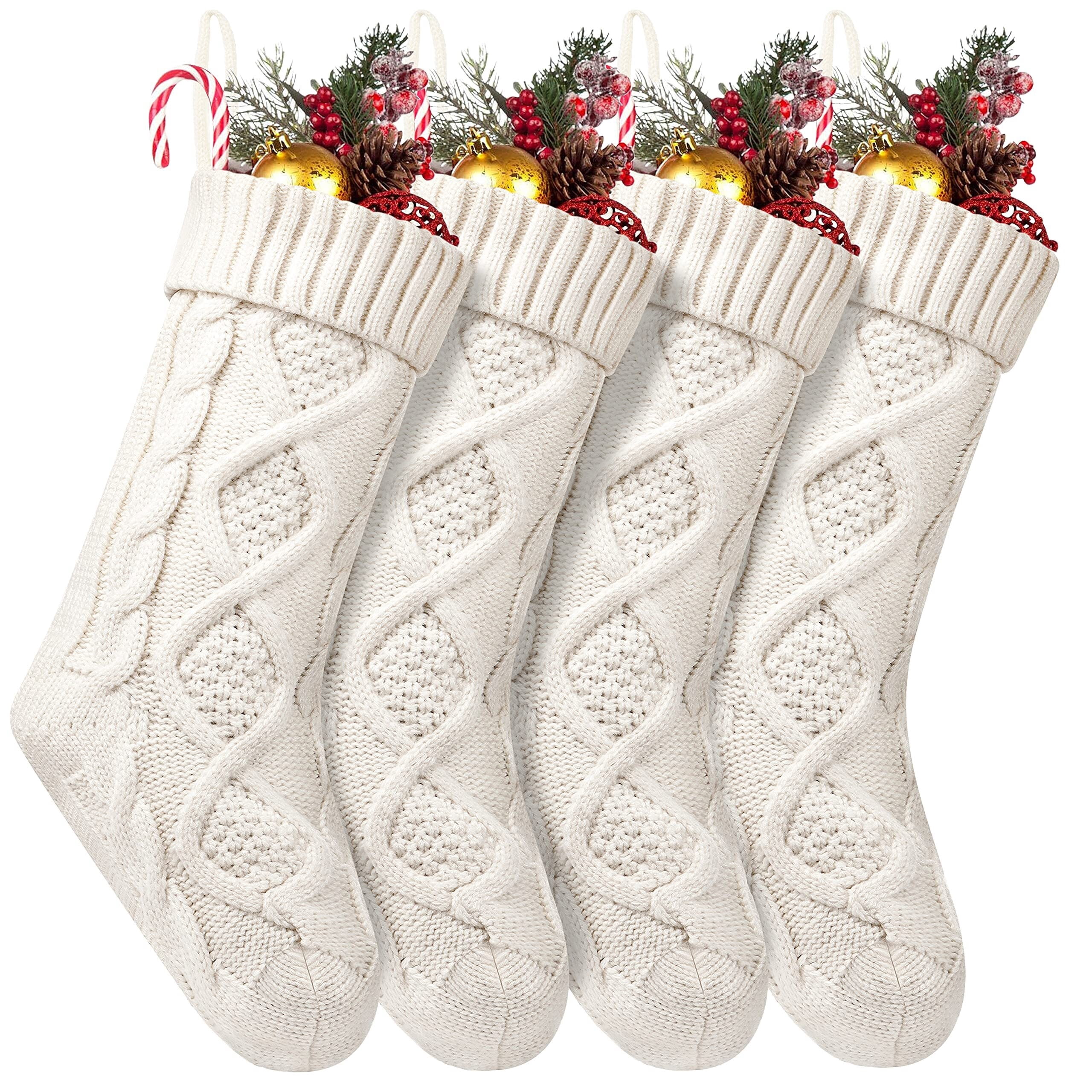 4 Pack Christmas Stockings 18 Inches Large Size Cable Knitted Stocking Gifts & Decorations for Family Holiday Xmas Party, Ivory White