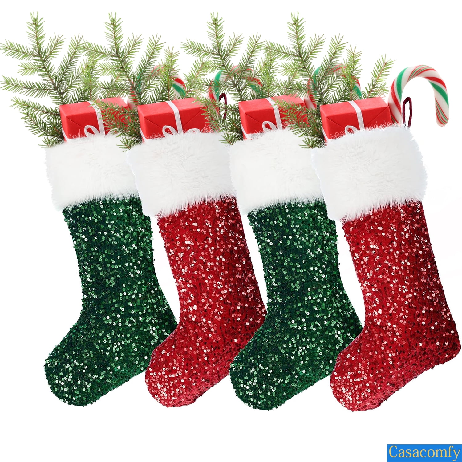 Casacomfy 4 Pack Sequin Christmas Stockings, Vintage Xmas Fillers, Pre