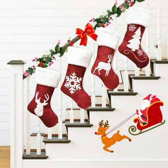 4 Pack Christmas Stockings Deer Snowflake Christmas Tree Designs Christmas Stockings Red and White Felt Xmas Stocking Fireplace Hanging Gift Bags for Family Holiday Xmas Party Mantle Decorations