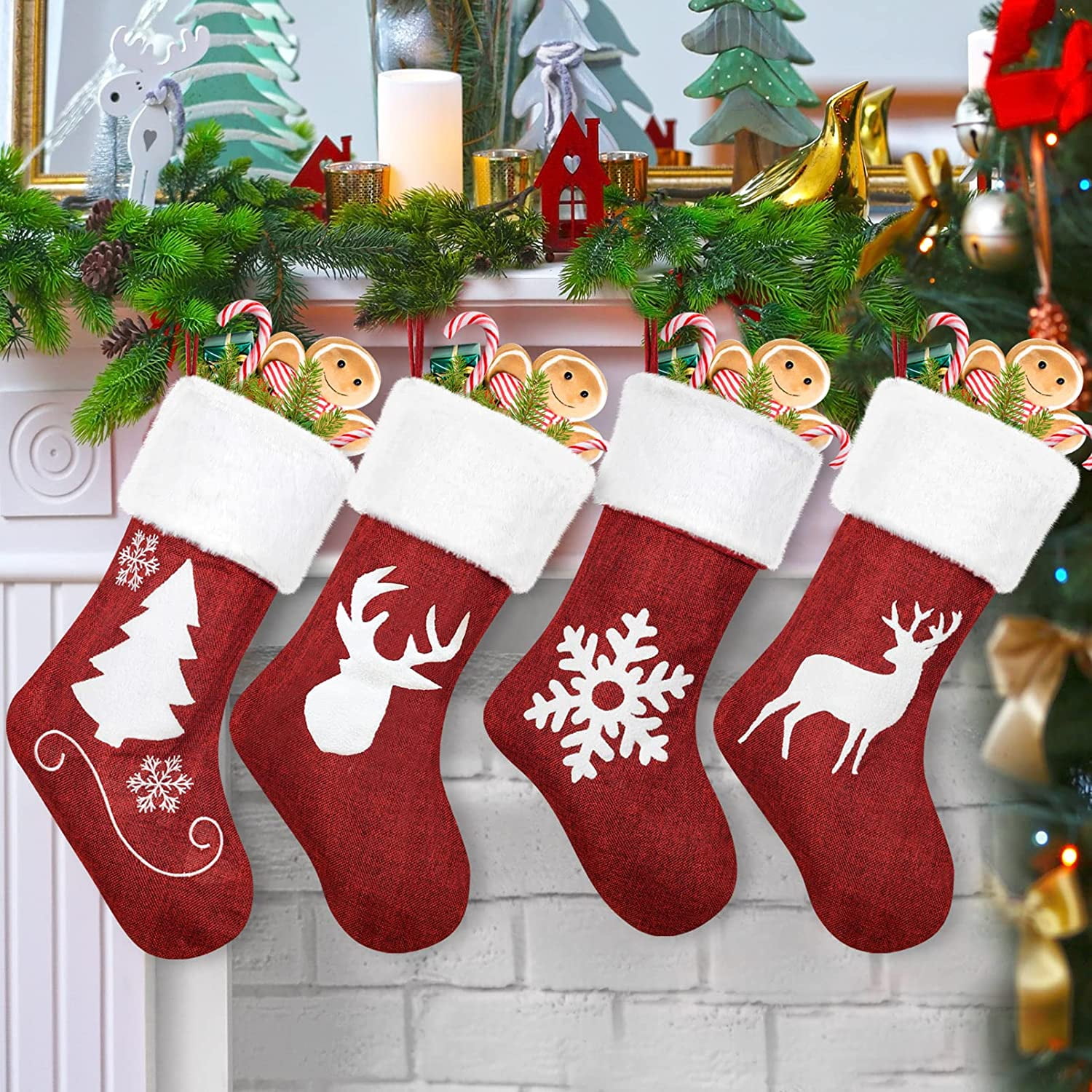 4 Pack Christmas Stockings Deer Snowflake Christmas Tree Designs