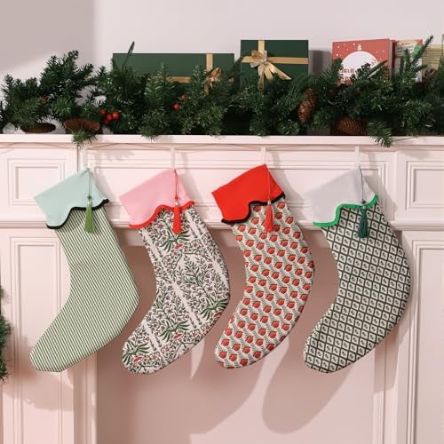 4 Pack Christmas Stockings Green Red Block Print Holiday Scalloped Stockings 22" Canvas Floral Nature Xmas Socks with Tassel Rustic Christmas Hanging Decorations for Stairs Fireplace Xmas Home Decor