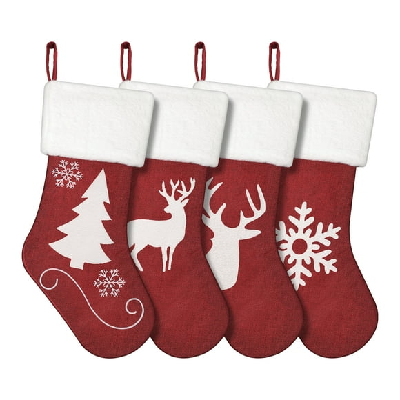 4 Pack Christmas Stockings for Kids, WeFlash 18-Inch Burlap Xmas Character Personalized Christmas Stockings Hanging on The Fireplace, Family Holiday Christmas Decorations White/Red