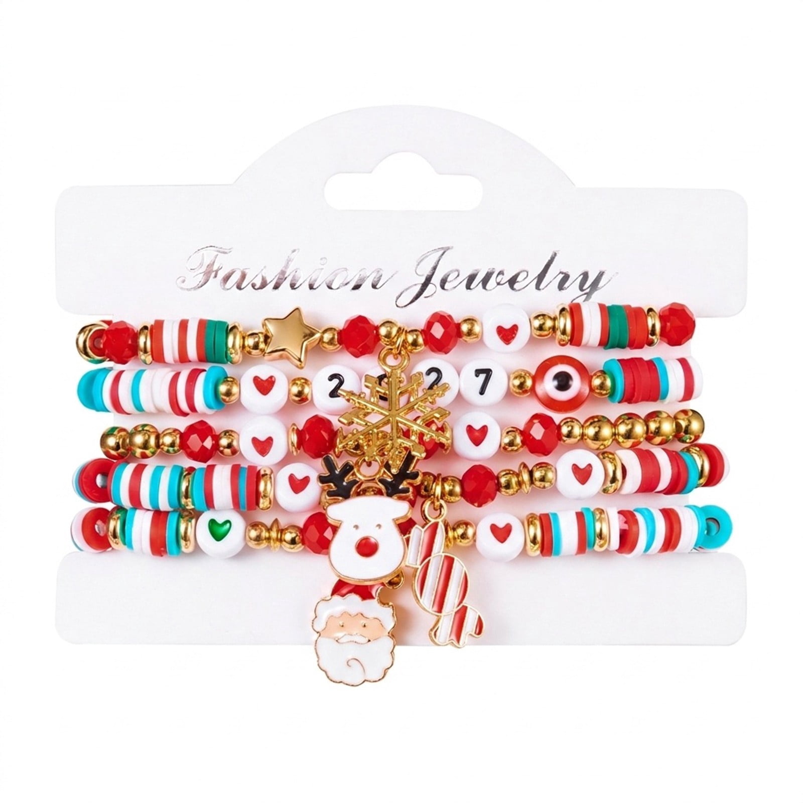 4 Pack Christmas Stretch Beaded Charm Bracelet Set, Festive Santa ...