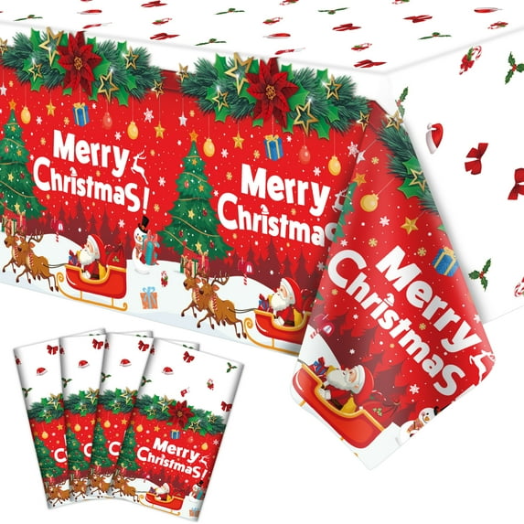 4 Pack Christmas Table Cloth Christmas Party Tablecloth Xmas Party Decoration Christmas Party Table Cover Xmas Table Cover with Christmas Tree and Snowflake 51 x 86 IN