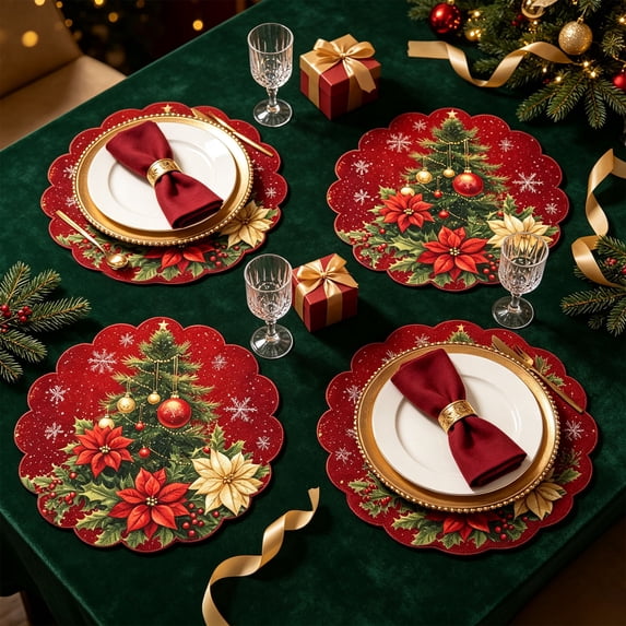 4 Pack Christmas Themed Round Placemats,Washable Heat Resistant Table Mats, Holiday Dinner Party Table Decor