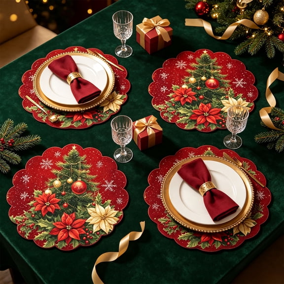 4 Pack Christmas Themed Round Placemats,Washable Heat Resistant Table Mats, Holiday Dinner Party Table Decor
