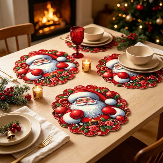 4 Pack Christmas Themed Round Placemats,Washable Heat Resistant Table Mats, Holiday Dinner Party Table Decor