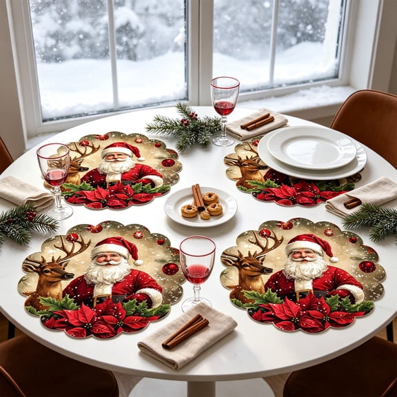 4 Pack Christmas Themed Round Placemats,Washable Heat Resistant Table Mats, Holiday Dinner Party Table Decor