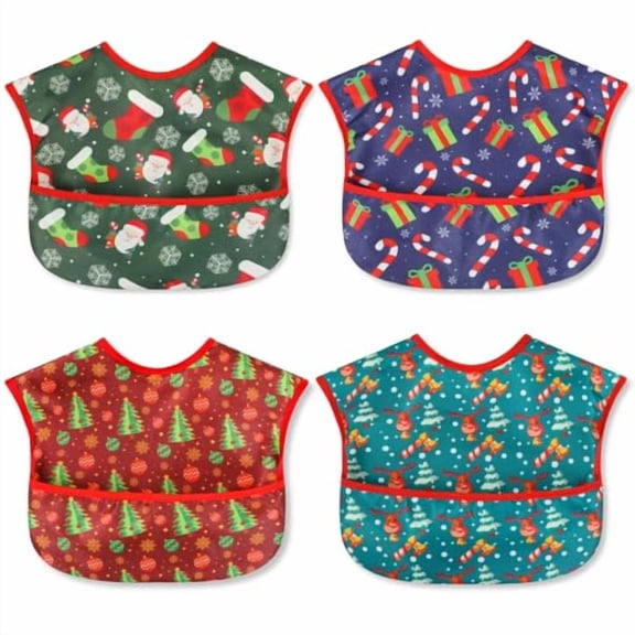 4-Pack Christmas Waterproof Baby Bibs - Soft, Adjustable, & Food Pocket for Infants (6-36 Months)