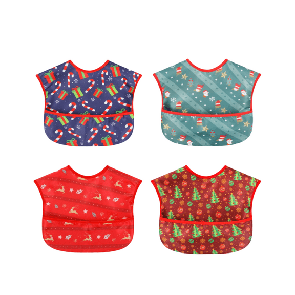 4-Pack Christmas Waterproof Baby Bibs with Catch-All Pocket for Infants (6-36 M)