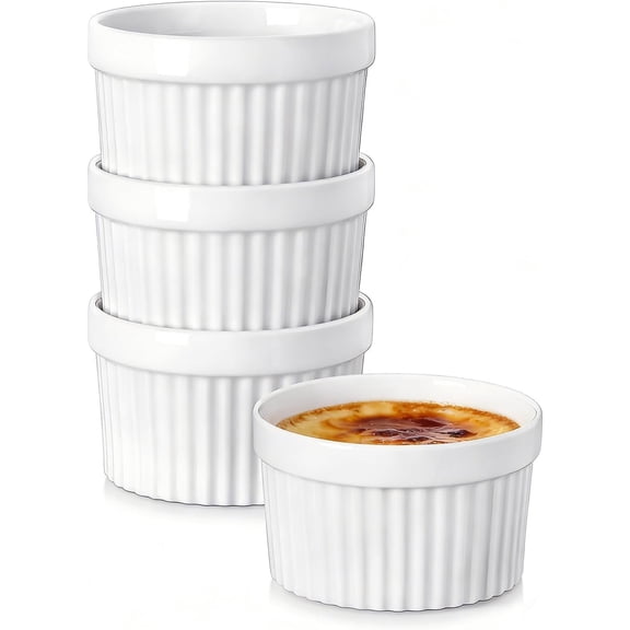 4-Pack Circular Caramel Pudding Baking Cups, 4 oz Mini Porcelain Souffle Dish,Oven Safe Egg Custard Cup (white)