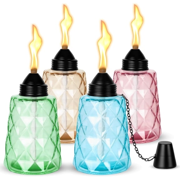 4-Pack Citronella Torches for Outside, 12oz Glass Table Top Torch Canisters with Fiberglass Wicks & Snuffer Caps, for Outdoor Dining Bar Patio Table Decor, Multi-Color