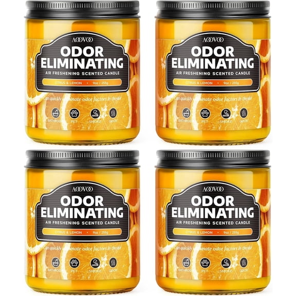 4 Pack Citrus Lemon Odor Eliminating Highly Fragranced Candle - Eliminates 95% of Pet, Smoke, Food, and Other Smells Quickly, Non Toxic Air Freshing Soy Candle