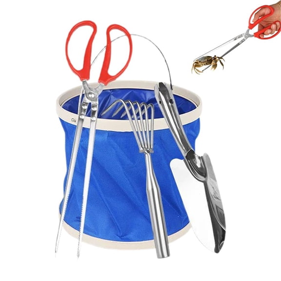 4 Pack Clamming Beachcombing Tool Set, Stainless Steel Clam Digger Shovel & Rake Kit, Outdoor Camping Survival Seafood Harvest Gear