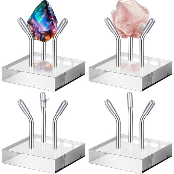 4 Pack Clear Acrylic Display Stand, Metal 3 Peg Rock Display Easel Stands for Fossil Coral Crystal Geodes Rock Mineral Agate Small Collectibles Acrylic Holder(2x2x2,Silver)