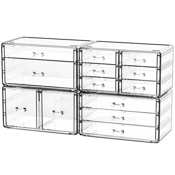 4 Pack Clear Acrylic Drawer Organizer Countertop,Stackable 13 Drawers Makeup Storage, Cube Make up Organizer for dresser Hair Clip,Beauty Product Desk and Bathroom Organizers and Storage