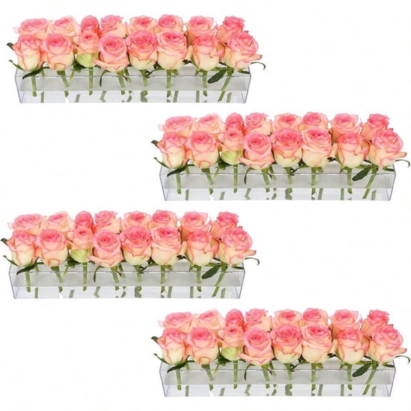 4 Pack Clear Acrylic Flower Vase Centerpiece for Dining Table63.2 Inch Rectangular Floral Low Vases with 64 Holes for Dining Table Modern Flower Arrangement for Home Decor or Weddings