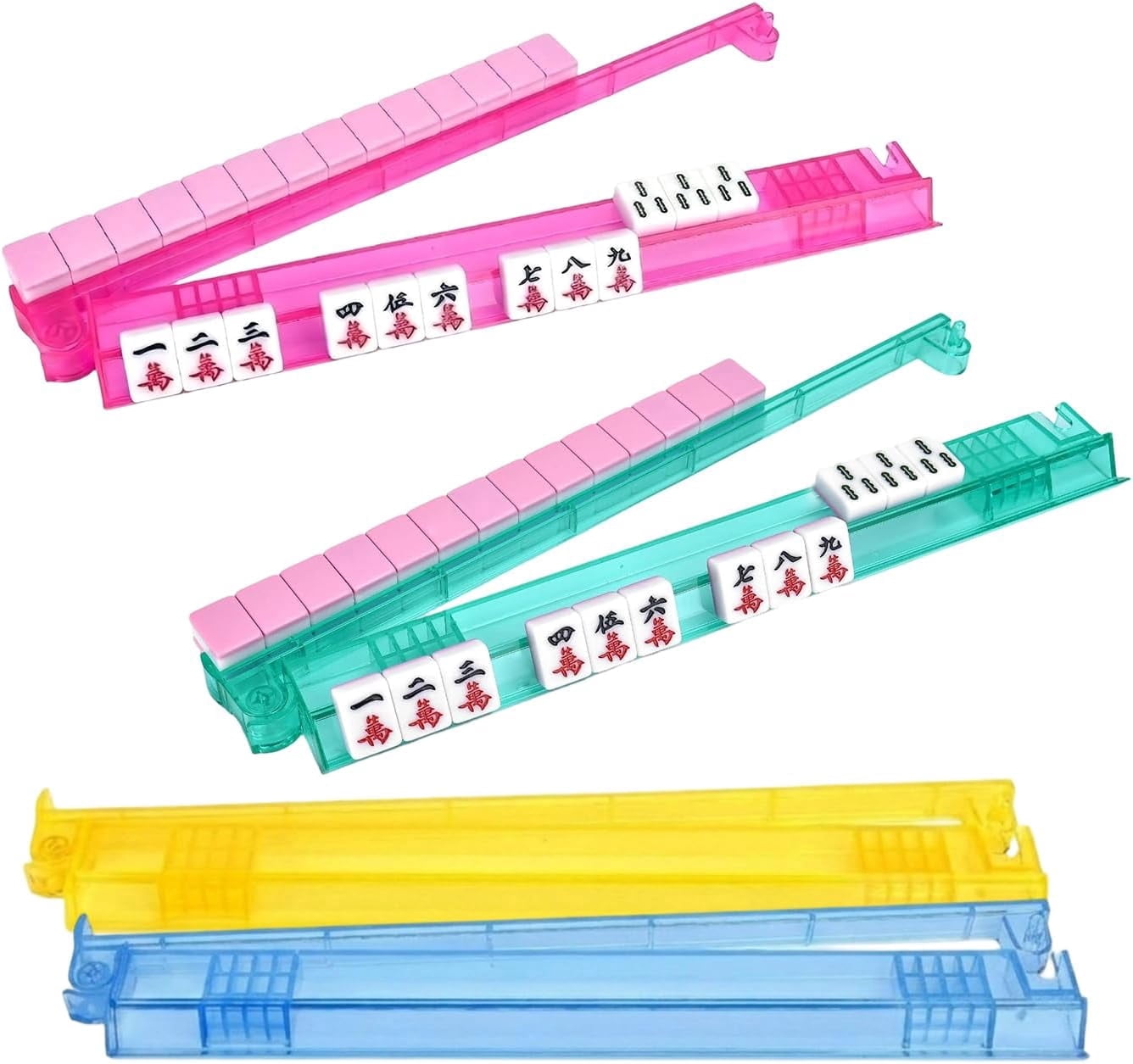 4-Pack Clear Acrylic Mahjong Racks with Pushers – Tile Holders for American Mah Jong