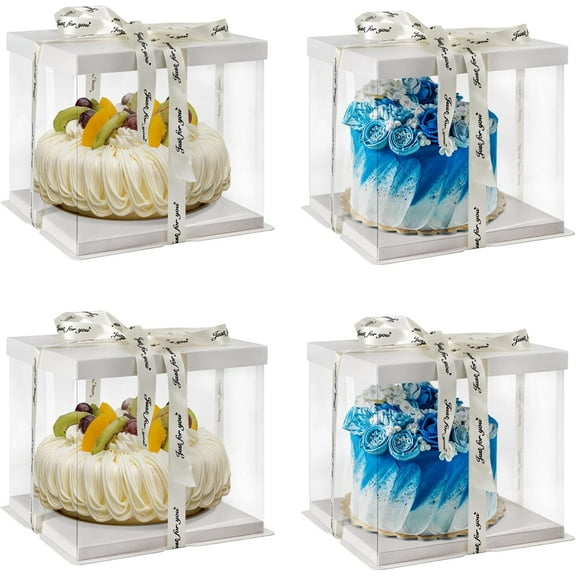 4 Pack Clear Cake Box Carrier 10" X 10" X 9" Cake Packaging Container with Ribbon Transparent Boxes with Lid Gift Package for Birthday Wedding Party, White