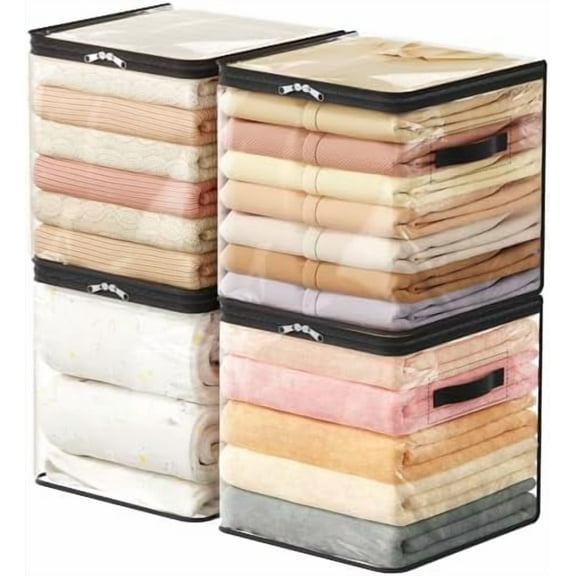 4 Pack Clear Clothes Storage Bags, 13 Inch Clear Cube Storage Bins, Plastic Blanket Storage, 36L Vinyl Foldable Moving Bags with Zipper, Storage Container for Sweater Sheets Yarns