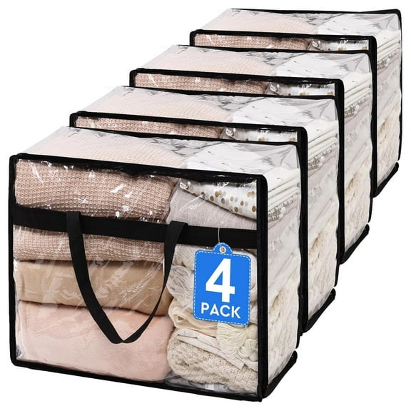 4 Pack Clear Clothes Storage Bags, 40L Plastic Blanket Storage Bag with Zipper, Foldable Closet Organizer, Moving bags for Comforter, Blanket, Bedding, Duvet, Toys
