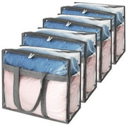 4 Pack Clear Clothes Storage Bags Vinyl Organizers with Sturdy Zippers Reinforced Handle Plastic Moving Totes for Comforters, Blankets, Linen, Bedding, Duvet, Transparent Space Saver Containers