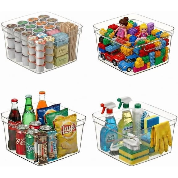 4-Pack Clear Cube Storage Bins,10x10 Plastic Organizer Boxes with Handles, Open-Top Square Containers for Closet,Pantry,Fridge,Kitchen,Bathroom,Laundry Room,UnderSink and Cabinet Organization