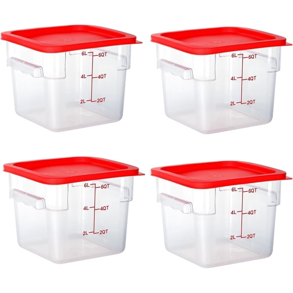 4 Pack Clear Food Storage Containers with Lids and Handles Polycarbonate Square Commercial Food Containers, NSF (6Qt)