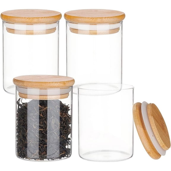 4 Pack Clear Glass Jar with Bamboo Lids 7oz(200ml) Round Small Airtight Spice Storage Container with Silicone Ring Lids for Home Kitchen Sugar Salt for diy