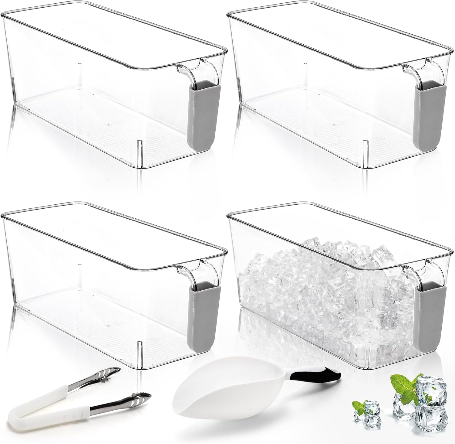 4 Pack Clear Ice Bins for Freezer, Plastic Ice Bucket with Flexible ...
