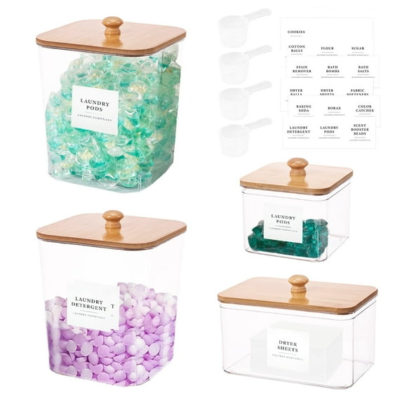4 Pack Clear Laundry Pods Container, Dryer Sheet Holder Storage with Lids, Scoops & Labels for kitchen Laundry Detergent