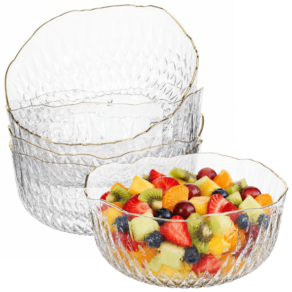 4 Pack Clear Plastic Serving Bowls, 84 oz 8.4 x 3.9 in Large Unbreakable Bowl with Gold Rim, Irregular Edged Plastic Salad Bowls with Diamond Texture for Party, Fruit, Snack
