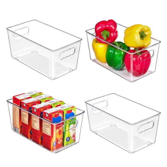 Sindcom 4 Pack Clear Plastic Storage Bins with Handles, Pantry Organizer Bins, for Refrigerator, Freezer, Cabinet, Kitchen, Countertops, SmallFreezer,Cabinet,Closet Organization and Storage