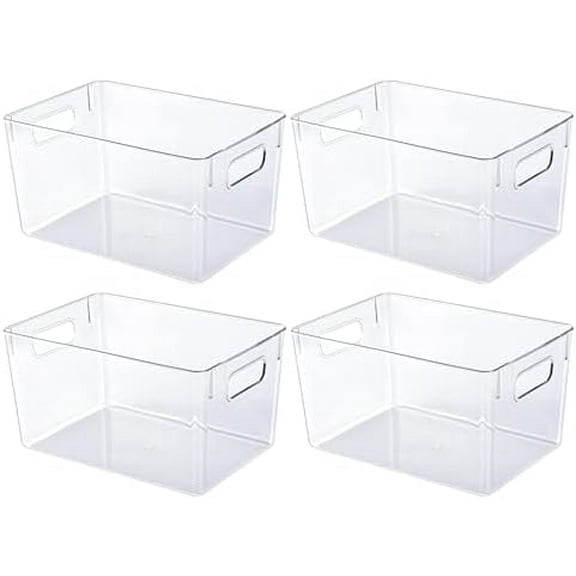 4 Pack Clear Plastic Storage Bins, Pantry Organizers and Storage with Handles, Clear Storage Containers for Fridge, Kitchen, Cabinet, Bathroom and Office