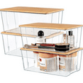 thumbnail image 1 of 4 Pack Clear Plastic Storage Bins with Bamboo Lids, Stackable Storage Containers for Organizing Medicine Cabinet Organizer, Craft Room, Bread Box, 1 of 6