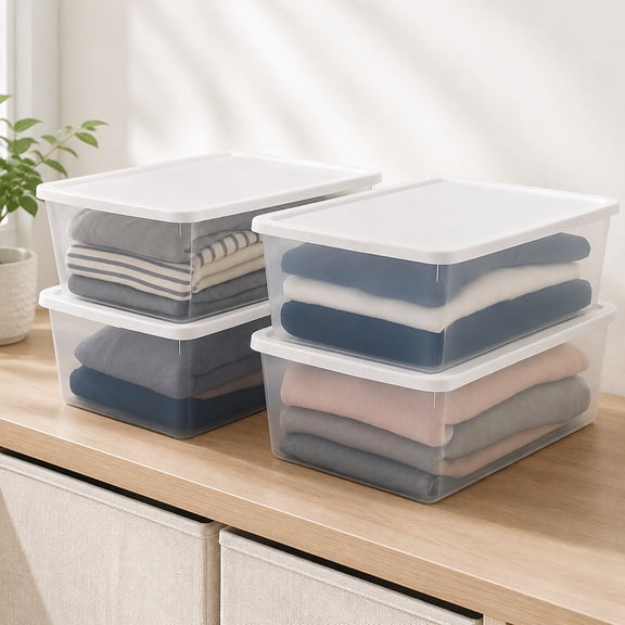 4-Pack Clear Plastic Storage Organizer Bins with Lids, 12 Quart Stackable Storage Boxes for Bedroom, Bathroom, Garage, Office Organization