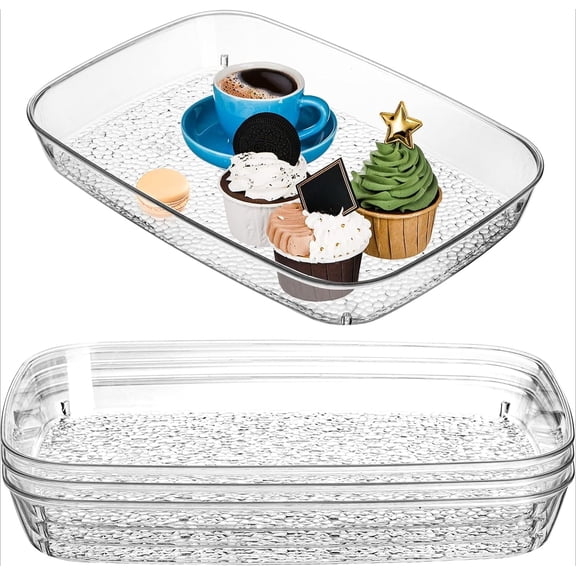 4 Pack Clear Serving Tray, 15 x 10 Inch Deep Serving Platter, Spill Proof Decorative Coffee Table Perfume Tray for Bathroom, Dining Table, Vanity Cabinet