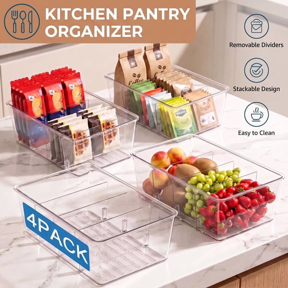 Homtell 4 Pack Clear Plastic 4-Compartment Food Storage Bins, Pantry Organizer for Snacks, Fruits, Vegetables, Tea Bags and Spice Packets