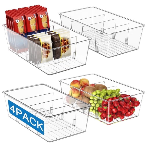 Homtell 4 Pack Clear Plastic 4-Compartment Food Storage Bins, Pantry Organizer for Snacks, Fruits, Vegetables, Tea Bags and Spice Packets