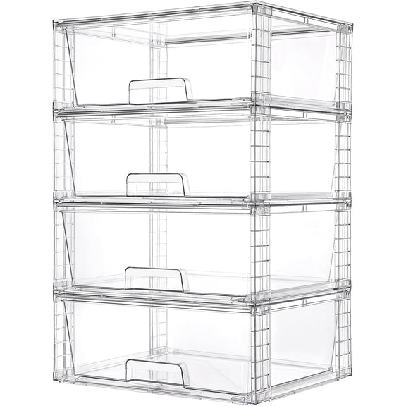 4 Pack Clear Stackable Storage Drawers, Plastic Pull Out Organizer Bins for Bathroom, Kitchen, Pantry, Closet, Under Sink Cabinet Storage, Space Saving Organizer with Sliding Drawer