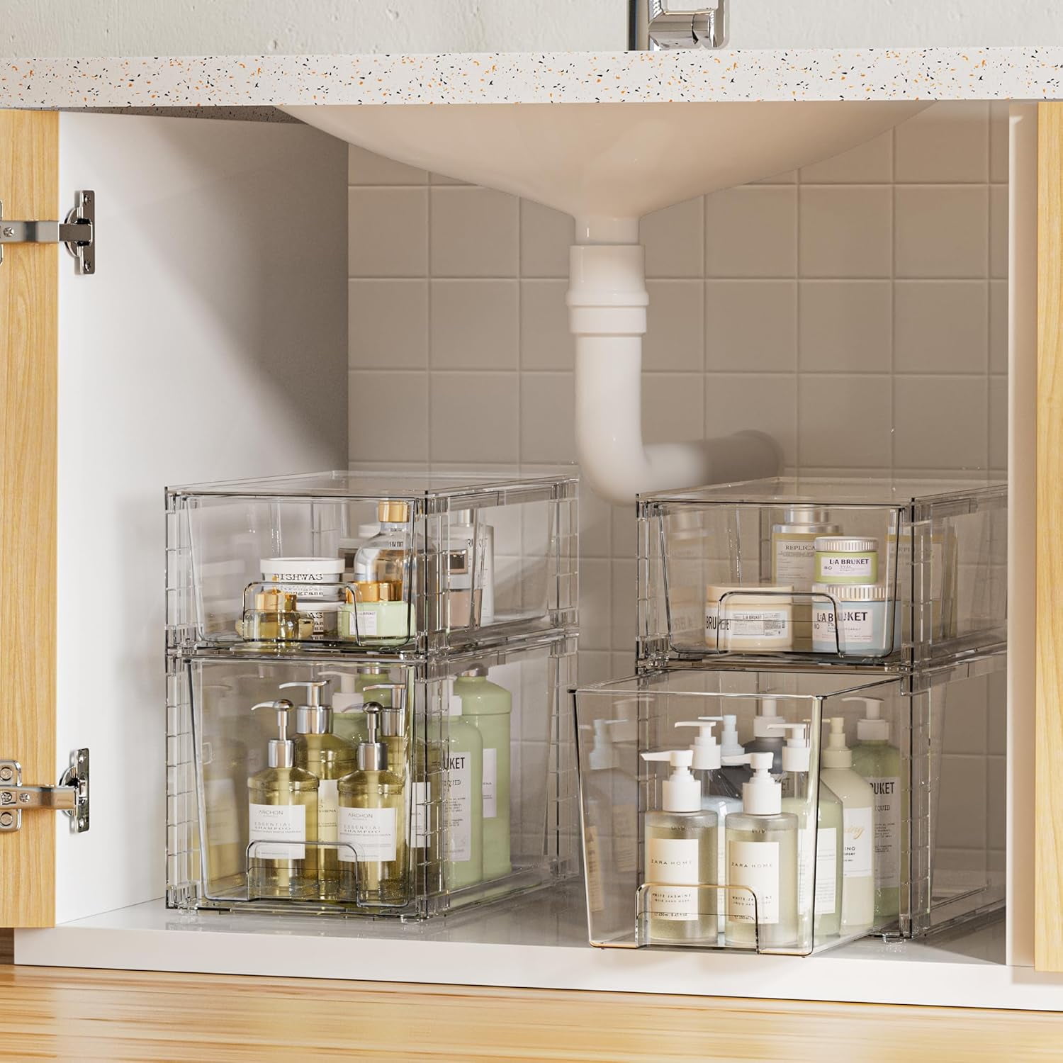 4-Pack Clear Stackable Storage Drawers with Handles - Easy-Assemble Organizers for Bathroom Under Sink, Kitchen Pantry & Cabinet