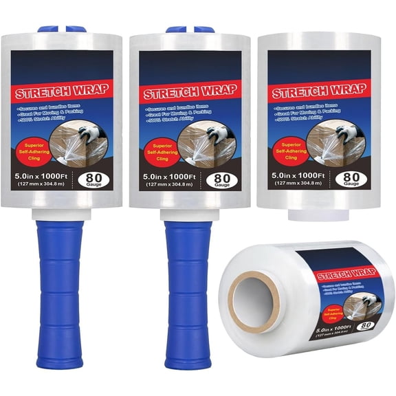 4 Pack Clear Stretch Wrap Film with 2 Plastic Handle 5''x1000Ft
