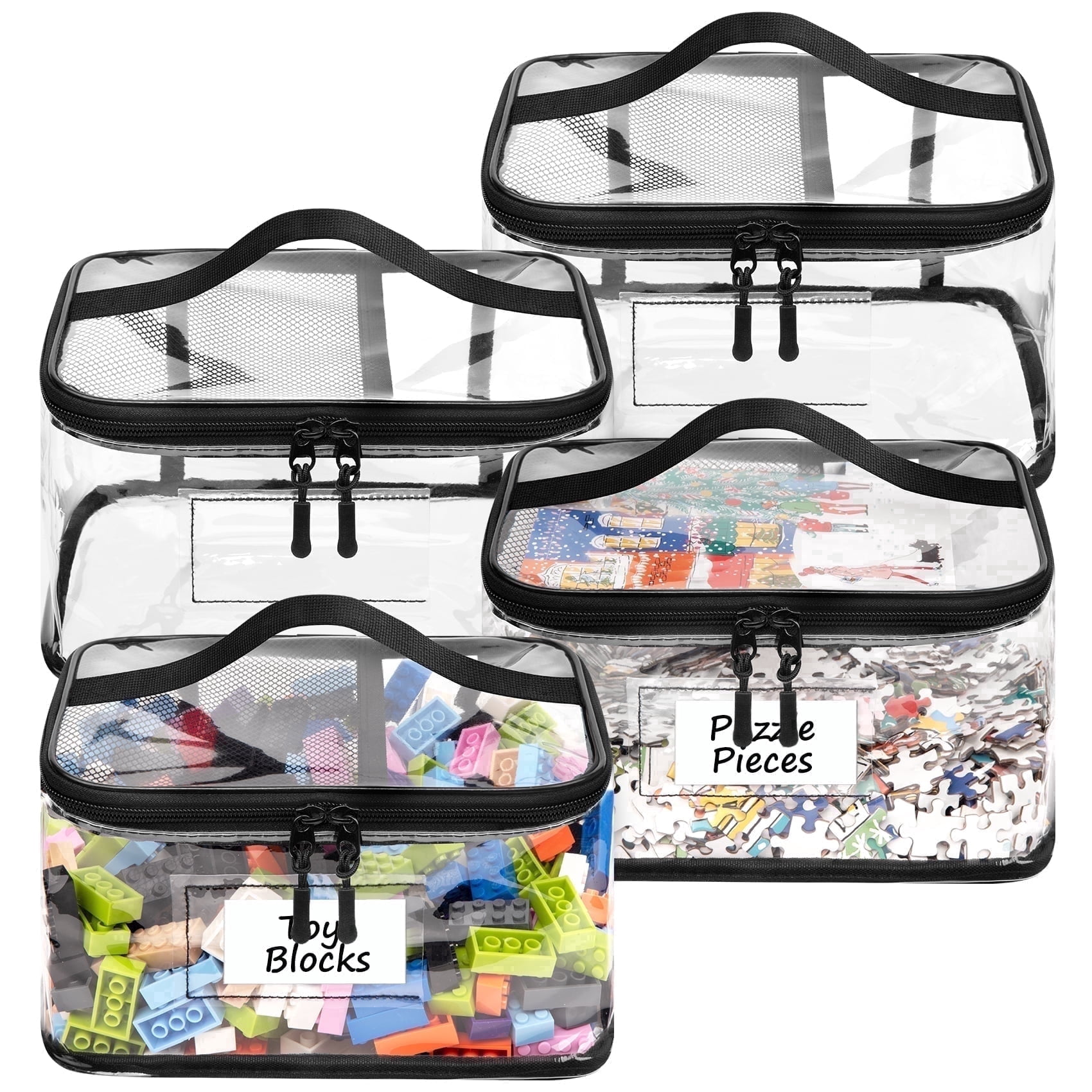 4-Pack Clear PVC Toy Storage Bags with Handles, Zippered Organizer Bags for Puzzles Board Games Legos, Playroom Storage Cases with Label