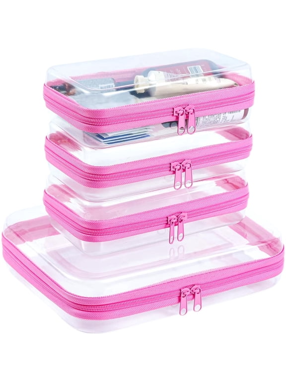 4 Pack Clear Zipper Pouches, Hard Shell Cosmetic Makeup Organizer Bags, Travel Toiletry and Diaper Bag Organizers, Toy Storage Cases, Pink, M+3S