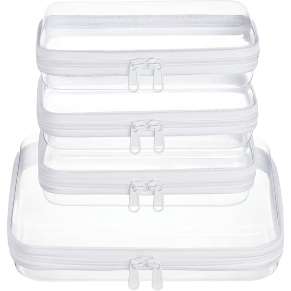 4 Pack Clear Zipper Pouches, Hard Shell Travel Toiletry and Cosmetic Organizer Bags, Clear Diaper and Toy Storage Pouches, 1 Medium and 3 Small