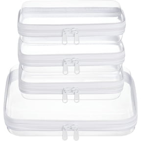 4 Pack Clear Zipper Pouches, Hard Shell Travel Toiletry and Cosmetic Organizer Bags, Clear Diaper and Toy Storage Pouches, 1 Medium and 3 Small