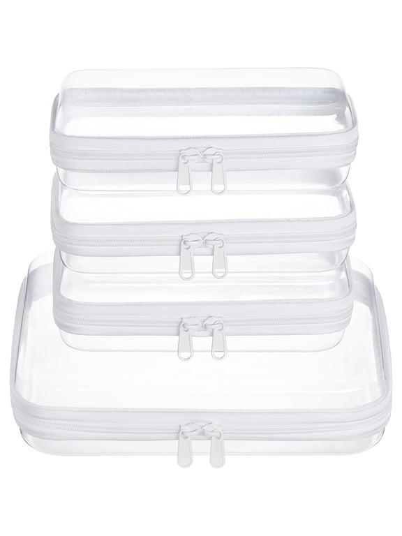 4 Pack Clear Zipper Pouches, Hard Shell Travel Toiletry and Cosmetic Organizer Bags, Clear Diaper and Toy Storage Pouches, 1 Medium and 3 Small