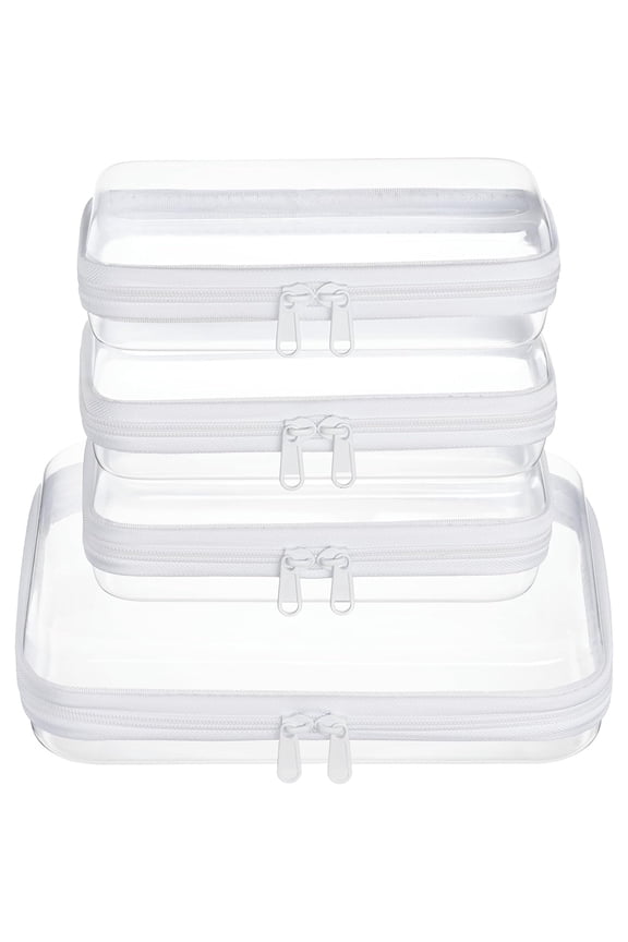 4 Pack Clear Zipper Pouches, Hard Shell Travel Toiletry and Cosmetic Organizer Bags, Clear Diaper and Toy Storage Pouches, 1 Medium and 3 Small